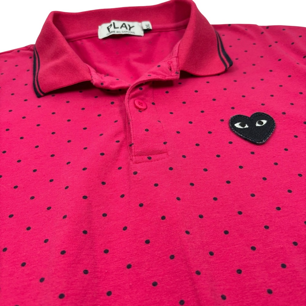 RARE Comme des Garcons Play Men Large Polo Shirt Pink Polka Dot Heart Logo